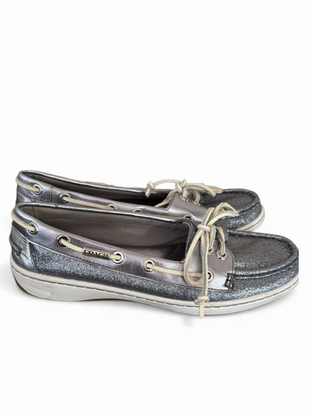 Coach Women's Silver Sparkle Boat Shoes Size 7 Statement